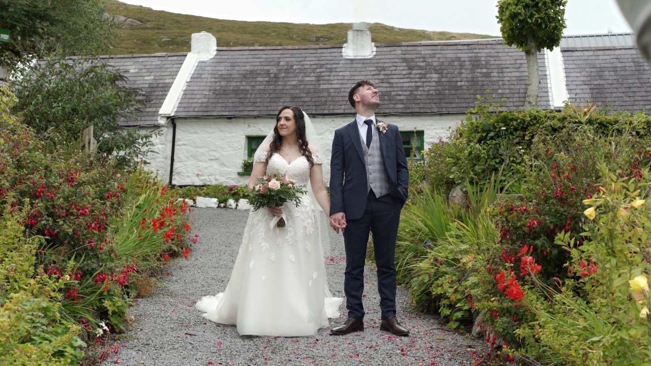 Newlyweds Tara and Malachy outside Rocky Mountain Cottage in the Mourne Mountains.