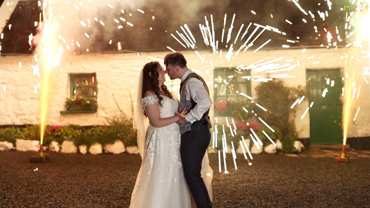 Surprise firework display at Rocky Mountain Cottage wedding reception at night.