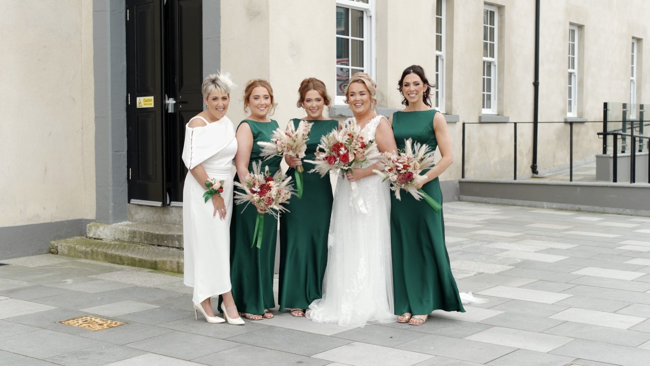 Bride Sheree with bridesmaids in forest green dresses at Ebrington Hotel.