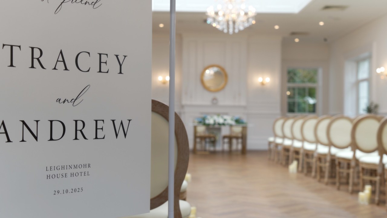 Wedding ceremony setup in the new Garden Room at Leighinmohr House.