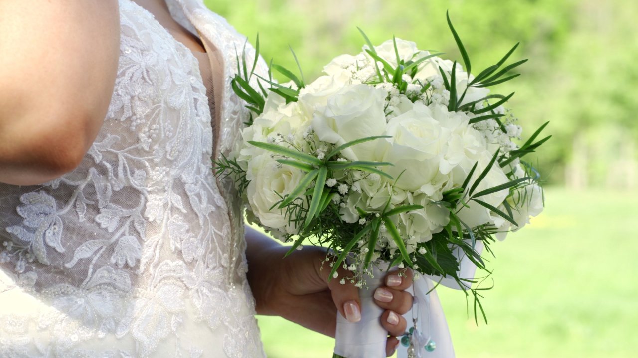 Close up of white rose and baby's breath bridal bouquet for Ciara and Darian's Donegal wedding.