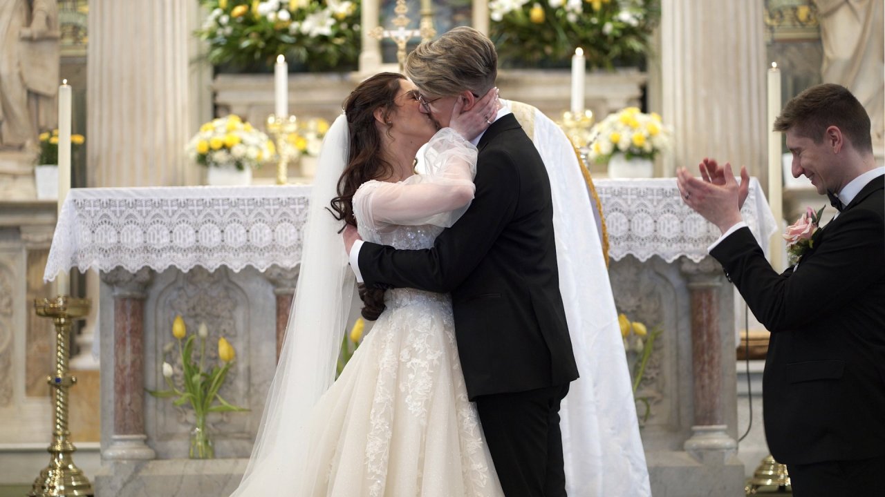 The first kiss of Carolann and Jack at the altar of St. Columba's Church Long Tower, Derry.