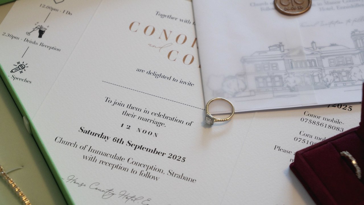 Wedding invitation suite for Cora and Conor's September 2025 wedding at Church of the Immaculate Conception, Strabane.