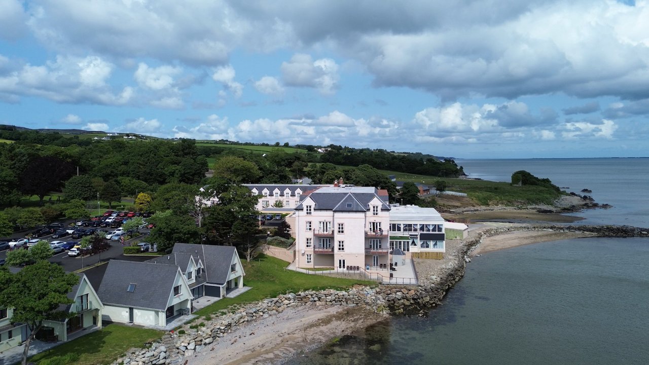 Drone photography of Redcastle Hotel and Spa wedding venue on the Donegal coast.