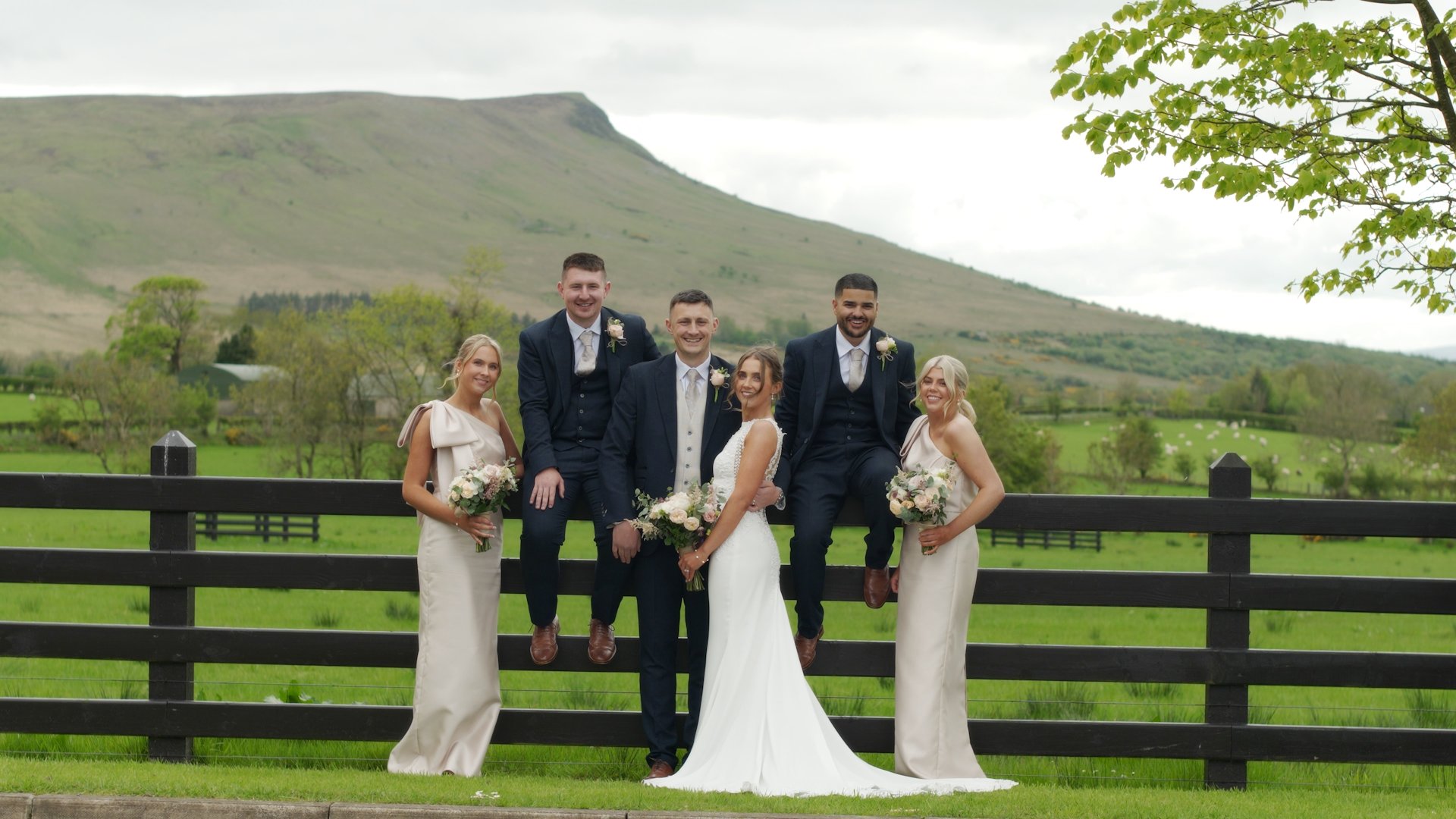 Full bridal party portrait by the fence at Ballyness Resort overlooking the Limavady hills.