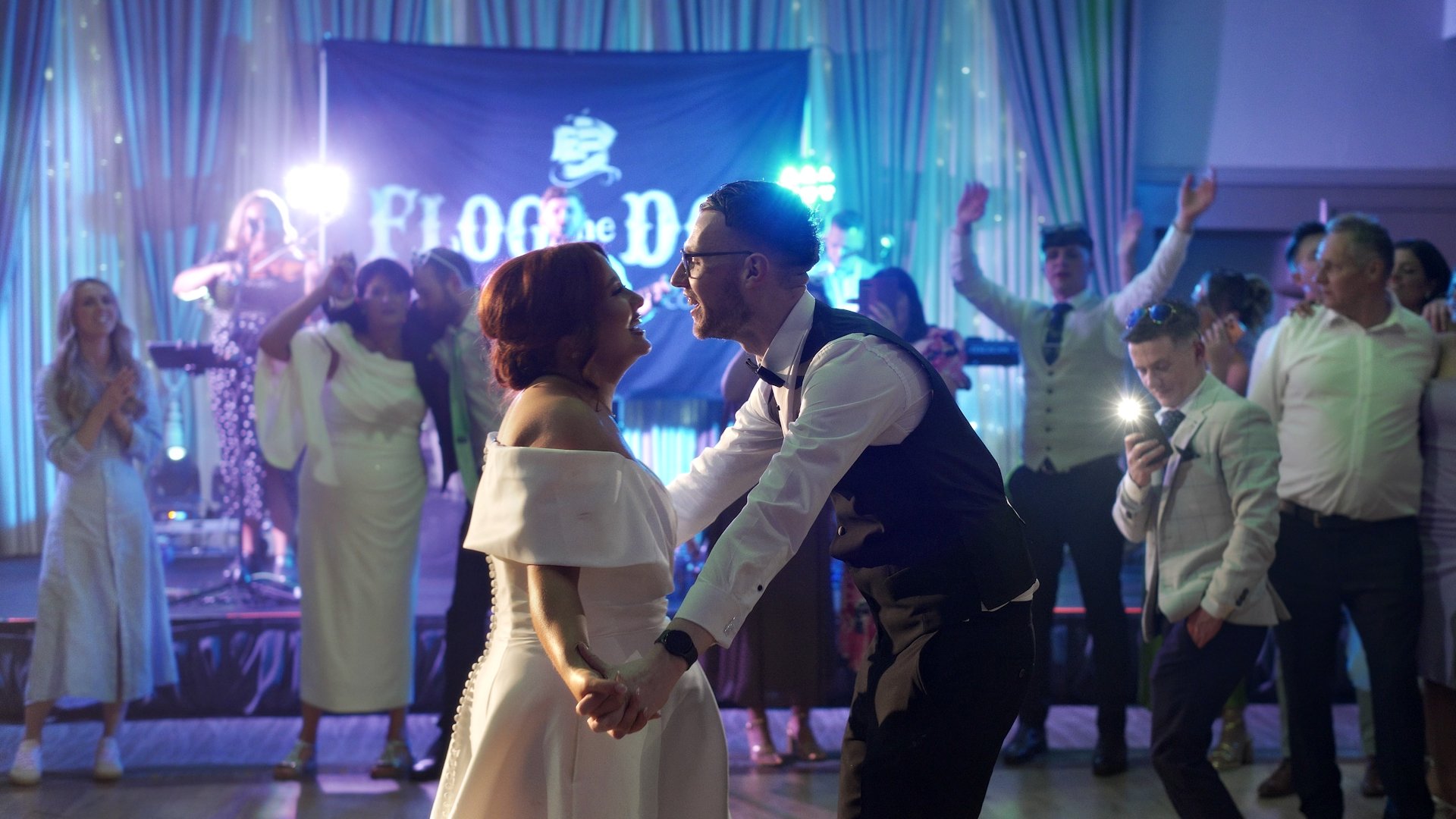 Atlanta and Sean’s first dance at the Hillgrove Hotel, Monaghan with band Flog the Dog performing in the background.